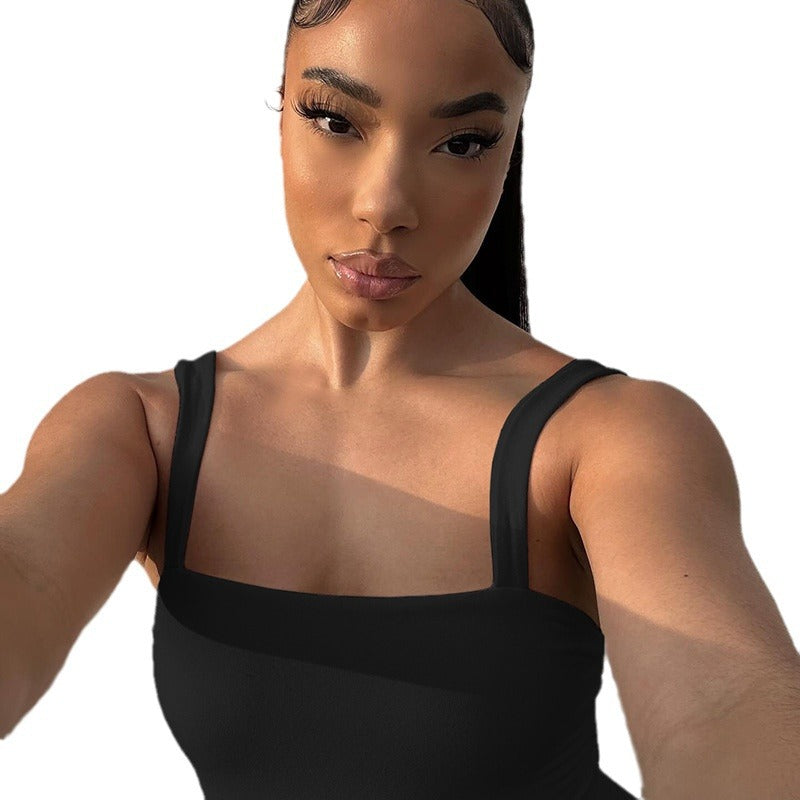 Solid Color Off-neck Strap Backless Tight Sexy Minimalist Jumpsuit