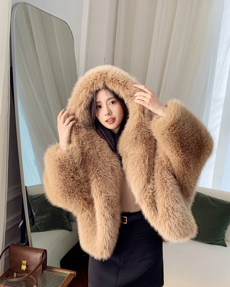 Green Fur Faux Fox Fur Hooded Coat