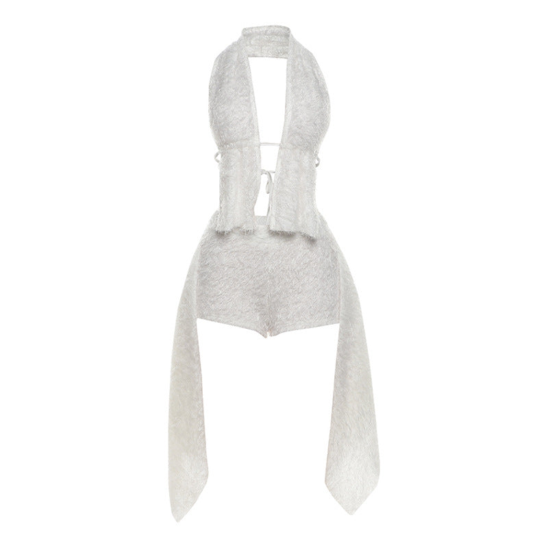 Sexy Hot Girl Low Cut Sleeveless Halter Backless Shorts Suit