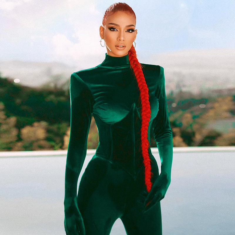 Tuta intera da donna in velluto con collo alto, maniche lunghe e avvolgenti, alla moda