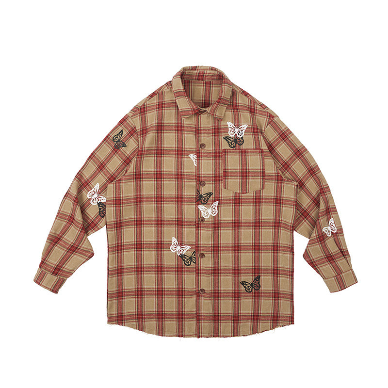 Veste ample à carreaux vintage à imprimé papillon