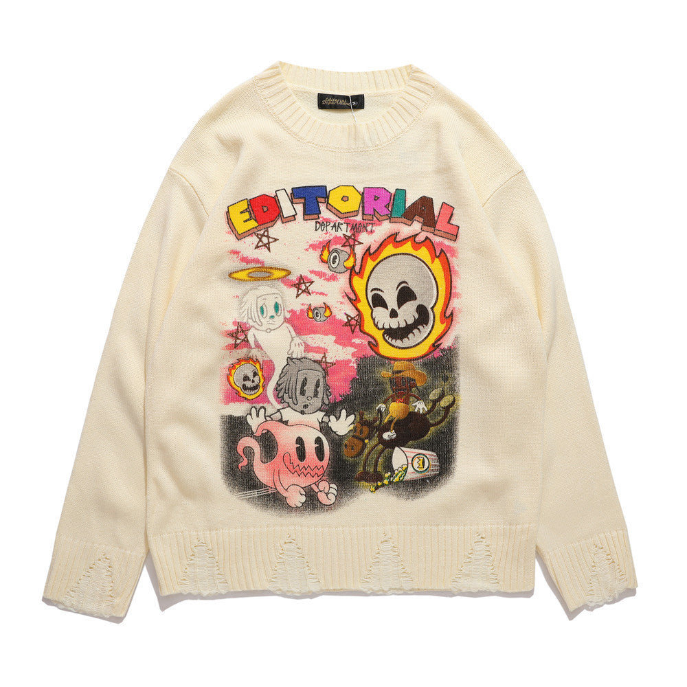 Pull ample à col rond pour homme, imprimé graffiti de dessin animé