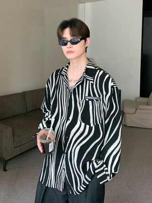 Chemise à revers à imprimé zèbre contrasté, chemise ample à manches longues pour homme