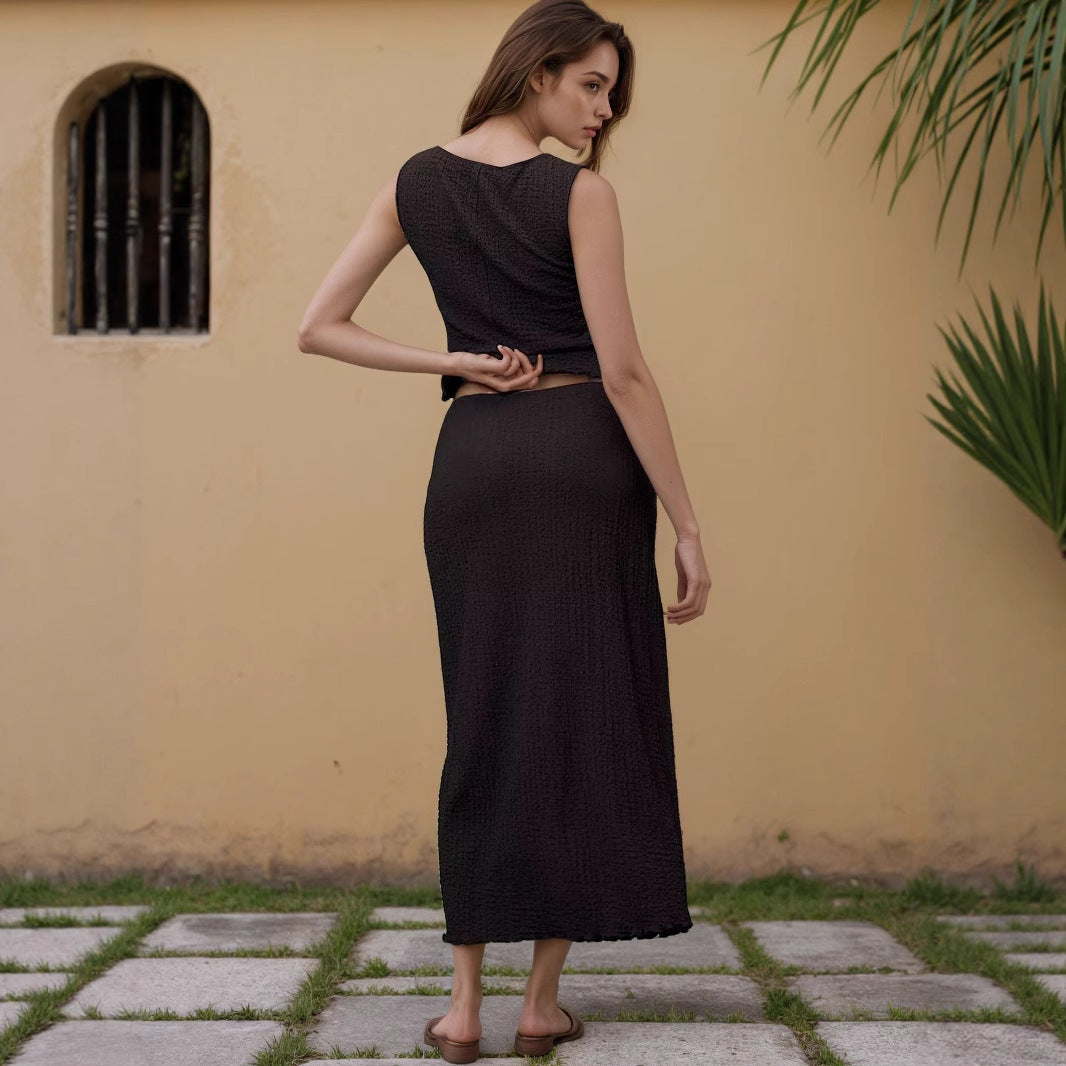 Fashion Sleeveless Top Knitted Long Skirt Ladies Suit