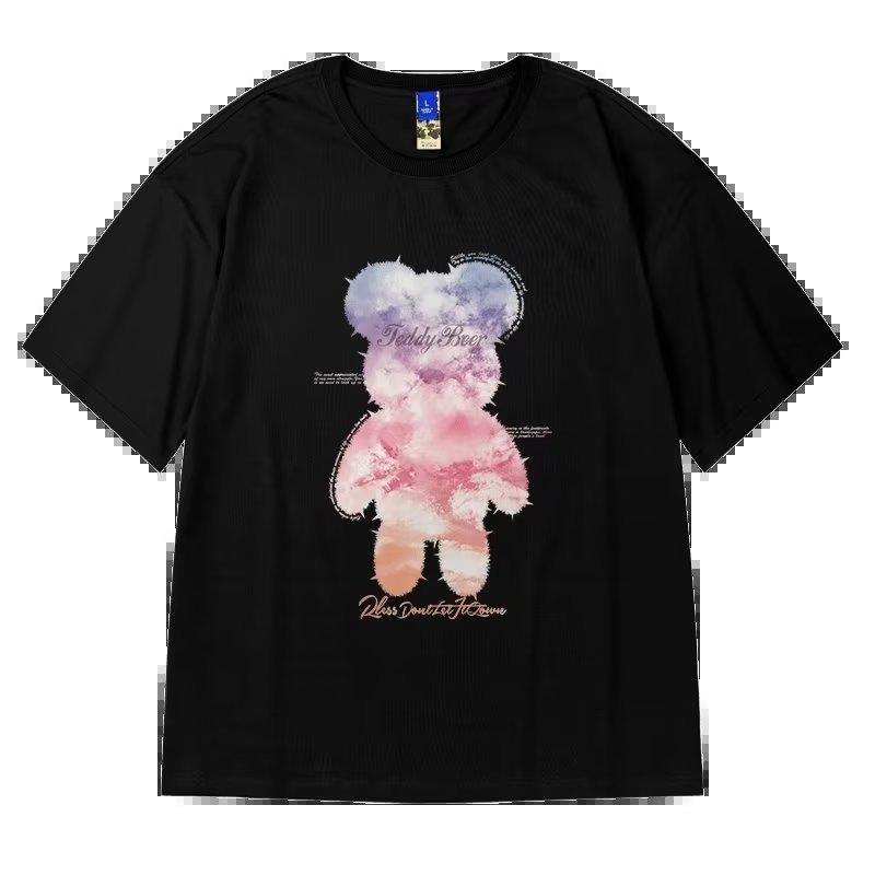 T-shirt à manches courtes imprimé ours, ample et élégant, col rond, haut à col rond