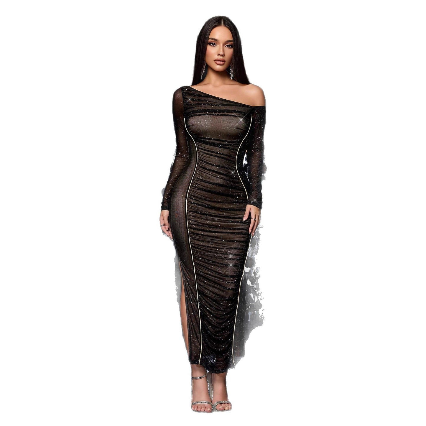 Sexy Long Sleeve Drape Slim-fit Oblique Shoulder Dress
