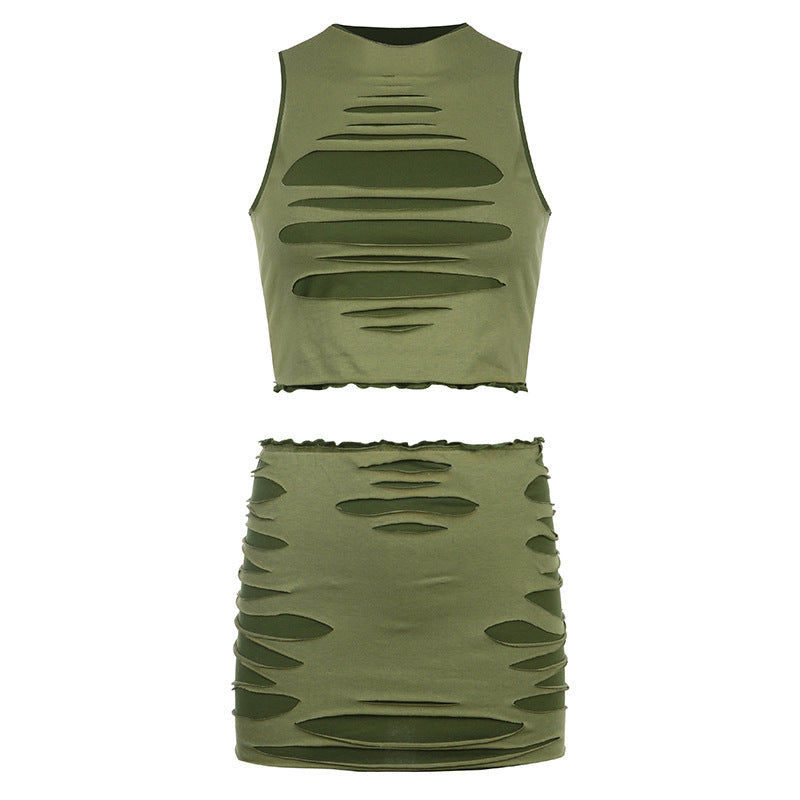 Ensemble gilet et jupe tailleur à franges de champignons irrégulières et perforées