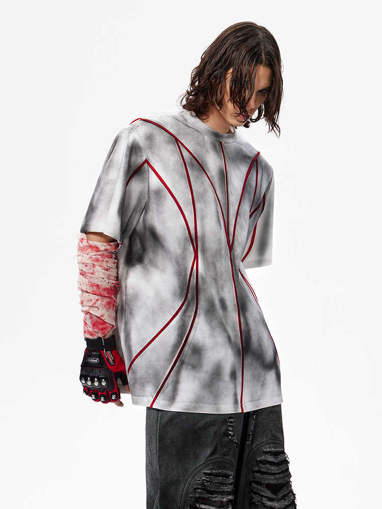 Padded Shoulder Short Sleeve Three-dimensional Line Patchwork Round Neck T-shirt