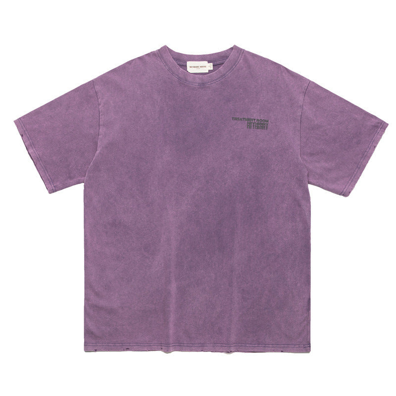 American High Street Retro Distressed Fashion Letters Printed Tatted Washed Short Sleeve