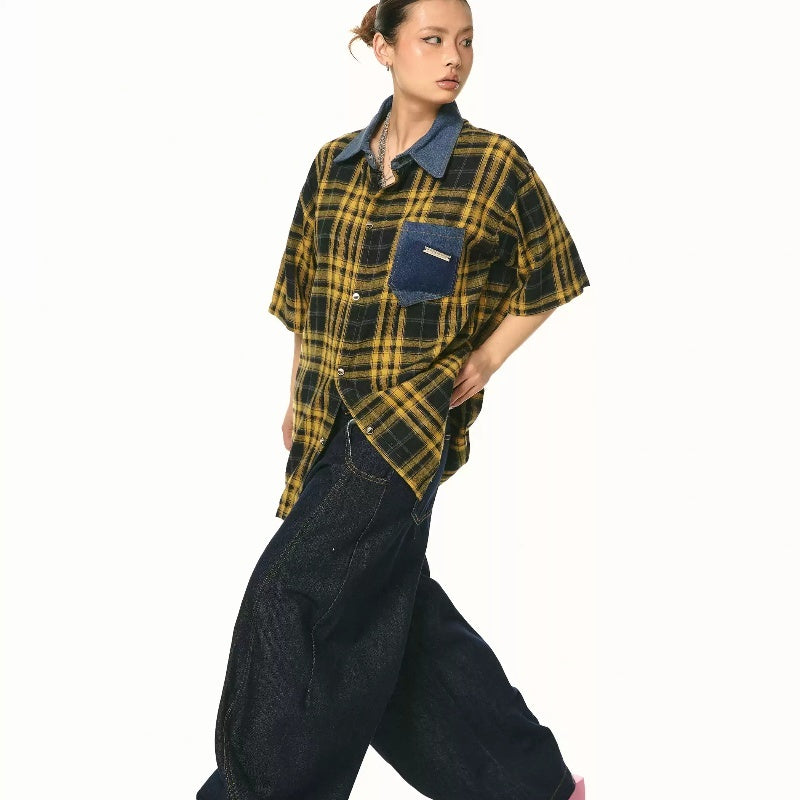 Plaid Color Contrast Patchwork Niche Short-sleeved Shirt Summer Retro