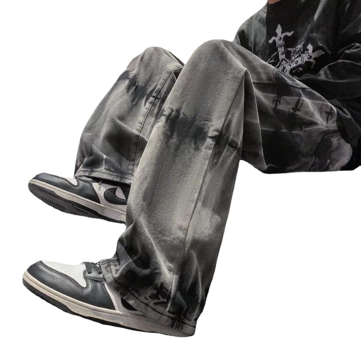 Pantaloni larghi in denim chic con stile retrò High Street e effetto tie-dye