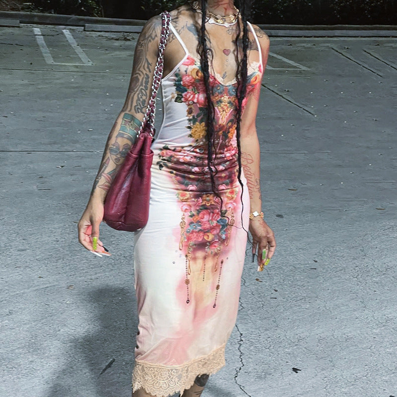 Robe à bretelles spaghetti en dentelle imprimée