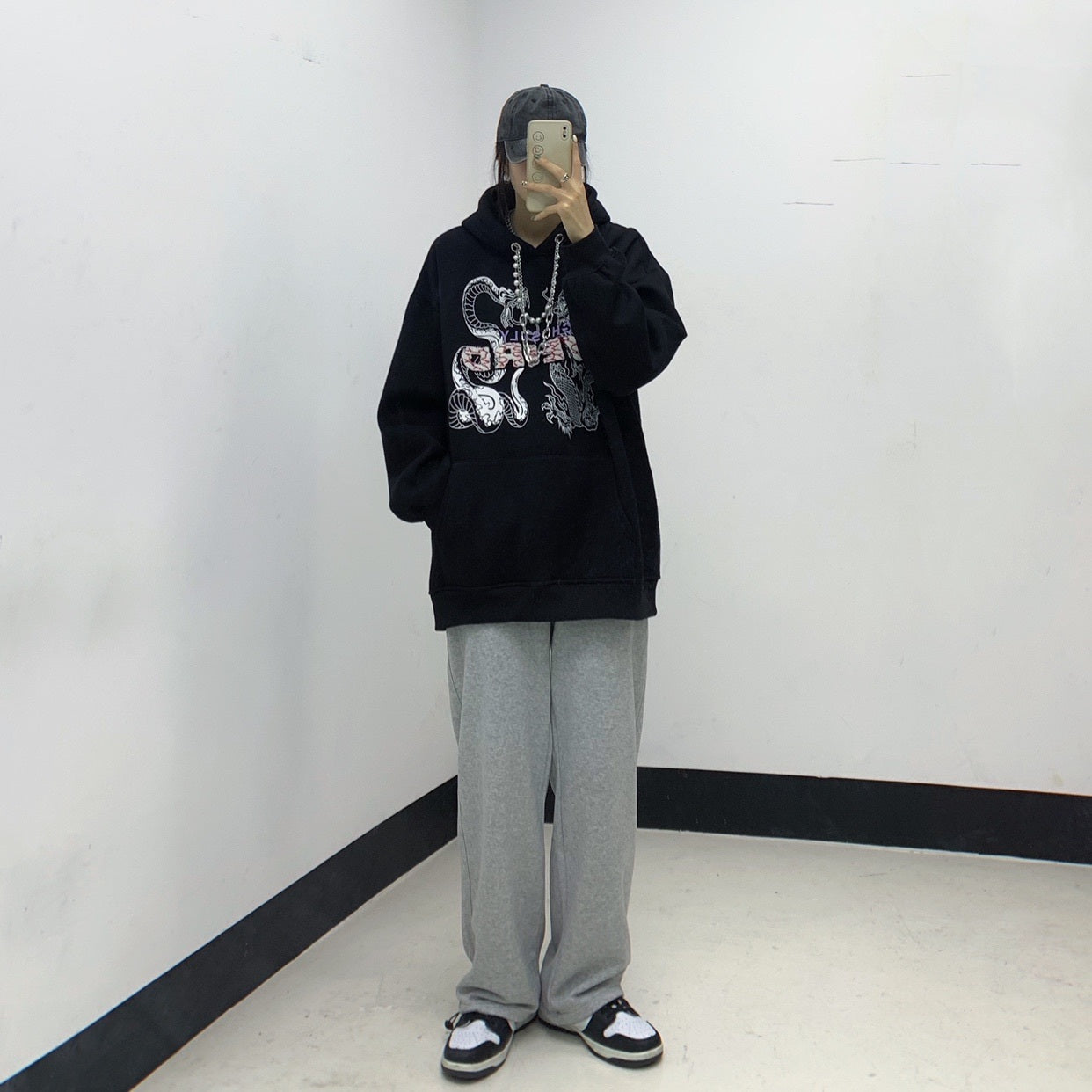 Sweat à capuche en polaire style hip-hop avec dragon