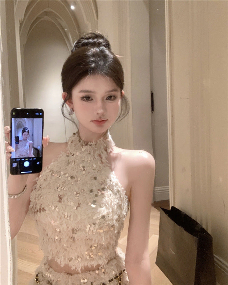 Sequined Tassel Halter Spaghetti Straps Vest Sheath Skirt