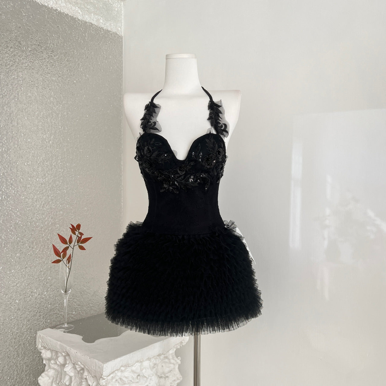 Lace Heavy Embellished Mesh Beaded Sequin Top & Skirt Set Women's Two-Piece