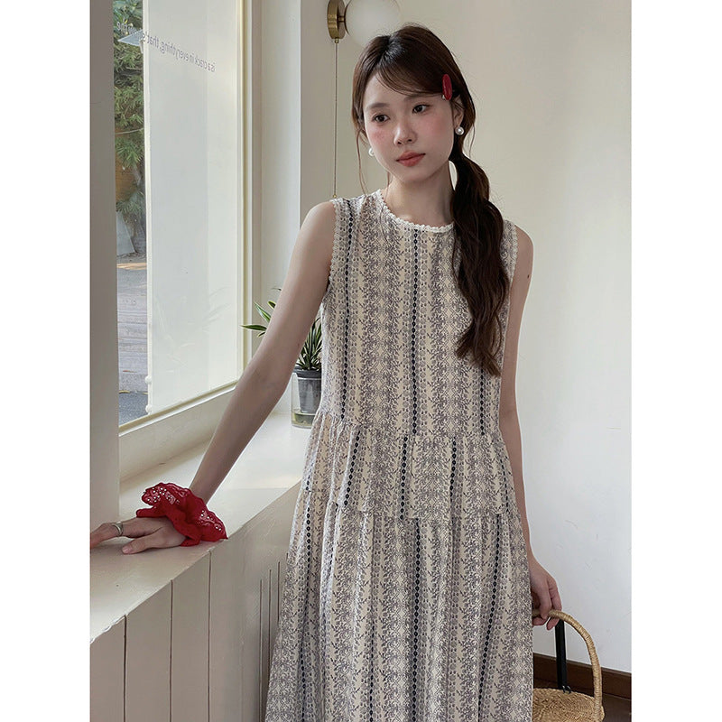 Retro Printed Waist-controlled Slimming Dress Women's Summer New