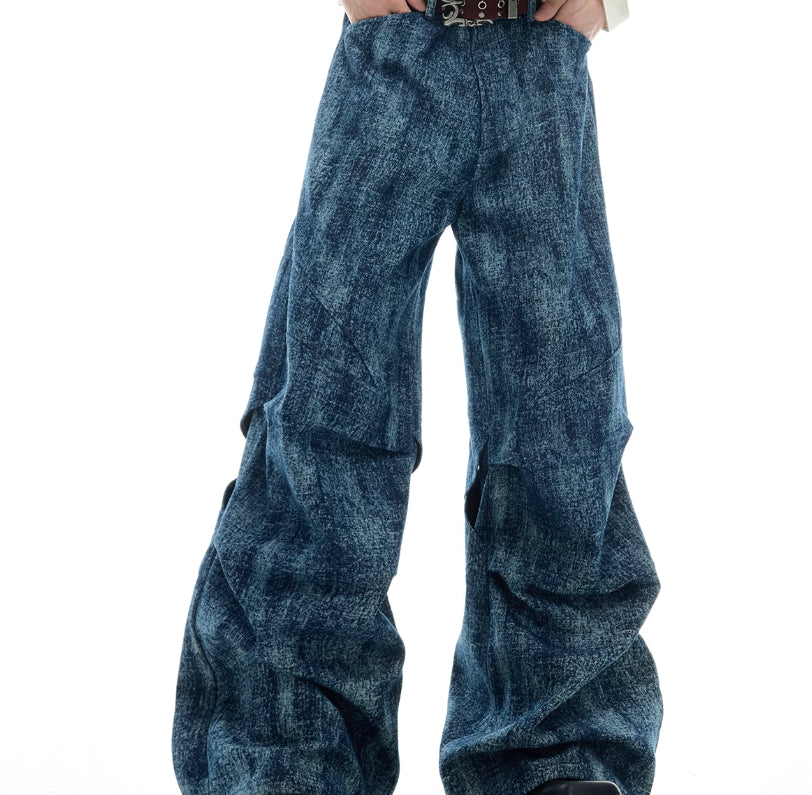 Niche Pleated Texture Straight Loose Jeans Stitching Trousers