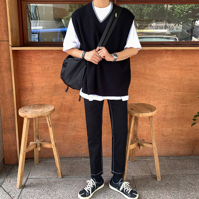Gilet da uomo in maglia con scollo a V, stile coreano, senza maniche, stile college, con scollo a cuore