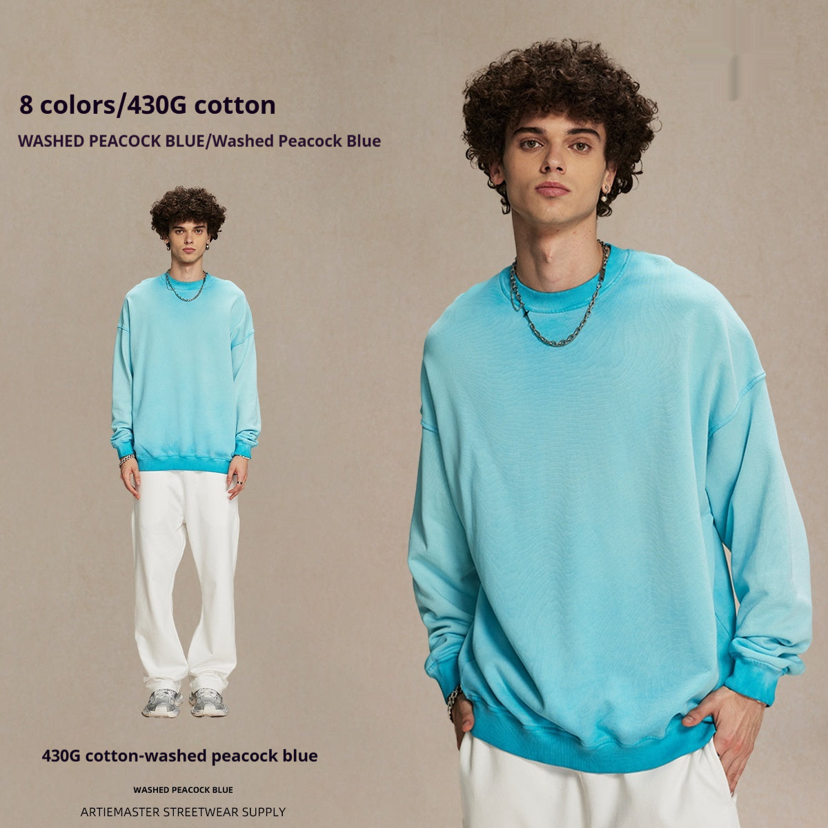 Maglione girocollo in lana lavata e anticata, anti-fondo fritta