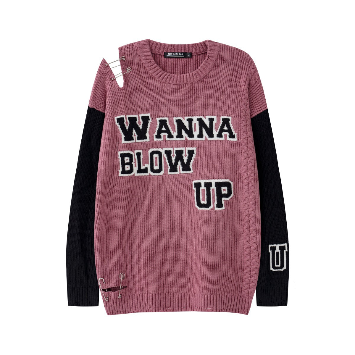 Ripped Pin Embroidered Letter Jacquard Knitted Sweater