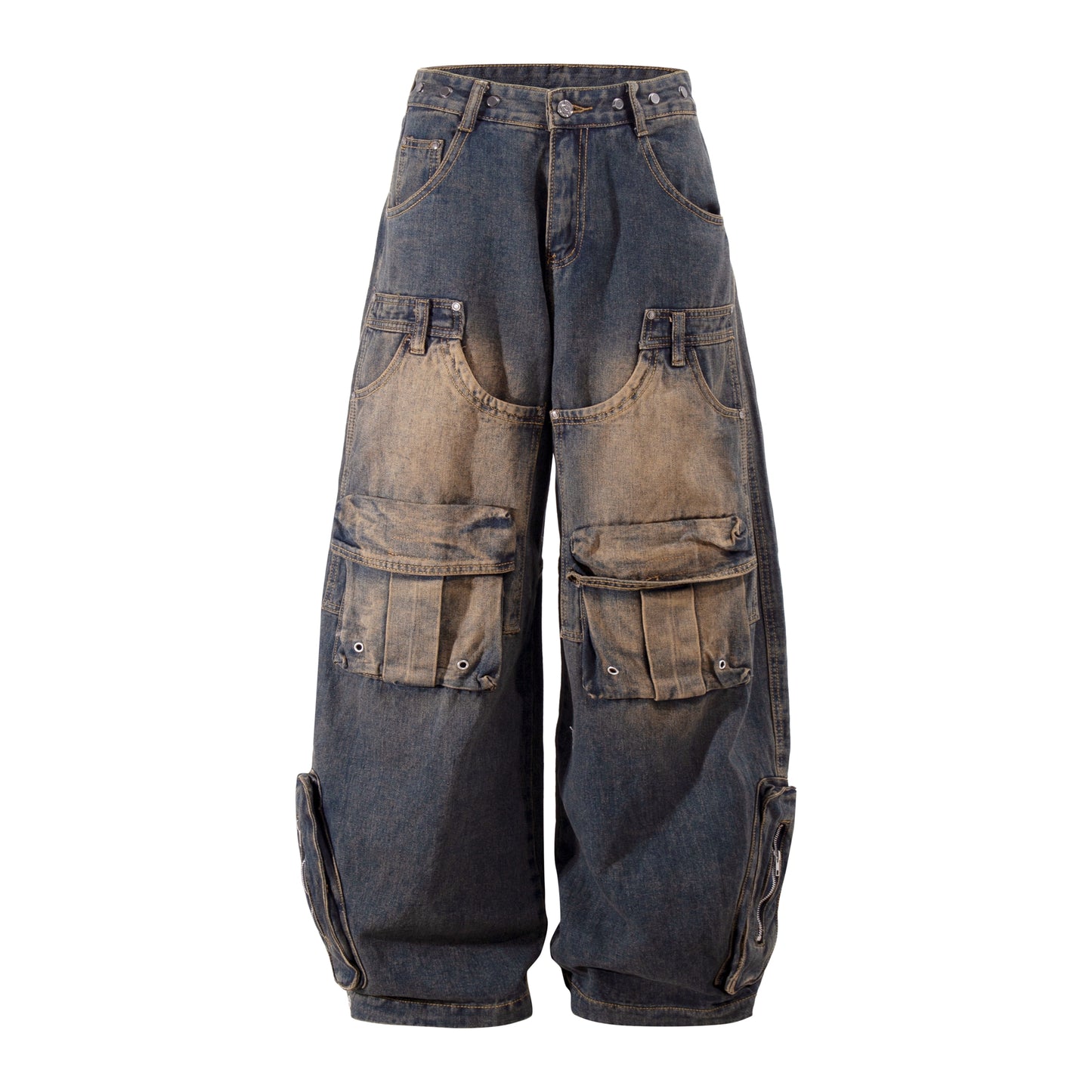 Retro Washed Distressed Multi-pocket Cargo Pants Loose Wide Leg Jeans