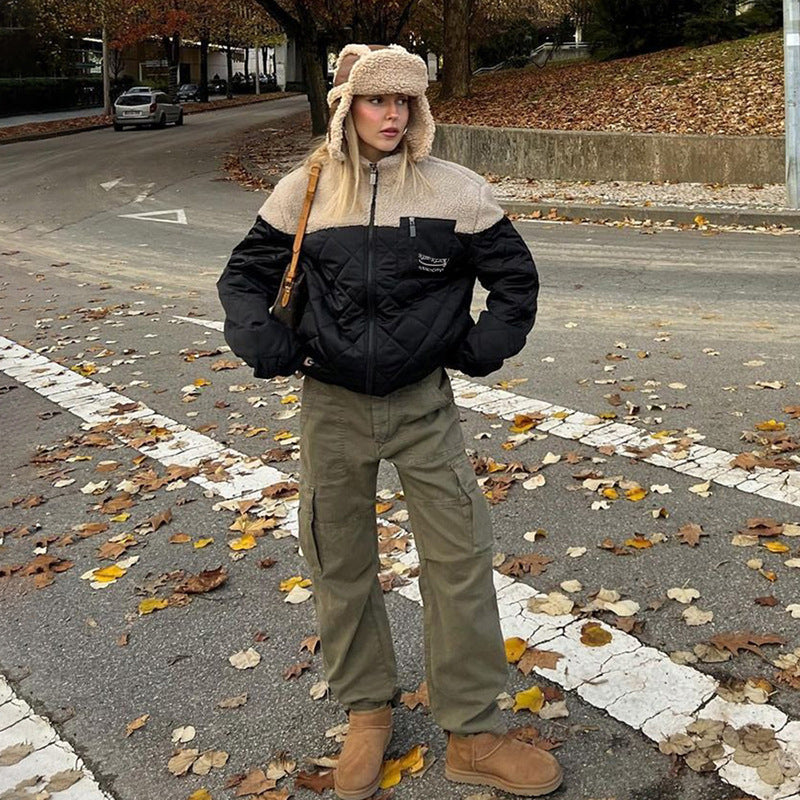 Giacca con collo alto, ampia e alla moda da strada, tinta unita