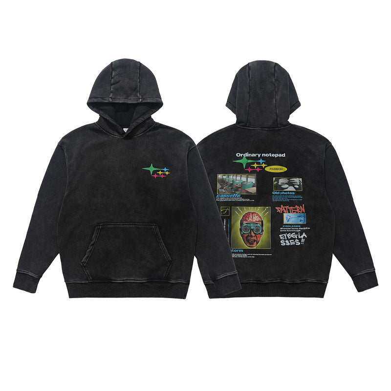 Pull de couple rétro délavé, épais et imprimé grand format, doublé polaire composite, mode