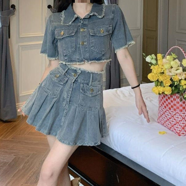 Ensemble chemise courte en jean délavé vintage en toile de jute
