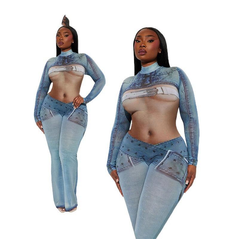 Combinaison transparente en maille imprimée denim