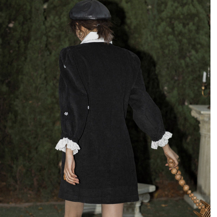 Handmade Beaded Black And White Contrast Color Corduroy Dress