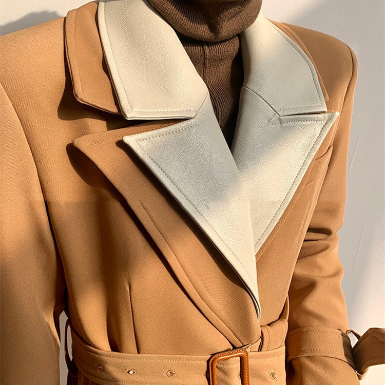 Trench con colletto a doppio strato patchwork alla moda temperamento