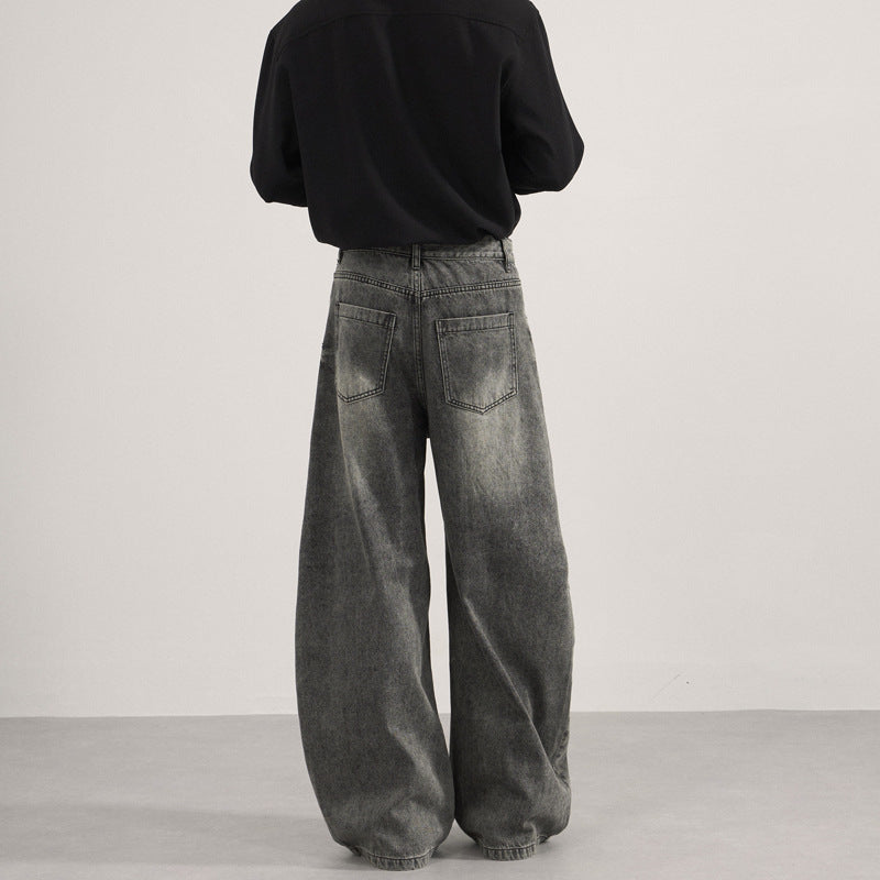 Jean ample, droit, délavé, motif barbe de chat, machette, pour homme