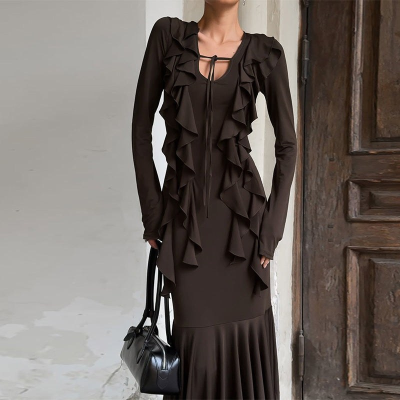 Ruffles Lace-up Long Sleeve Waist Dress