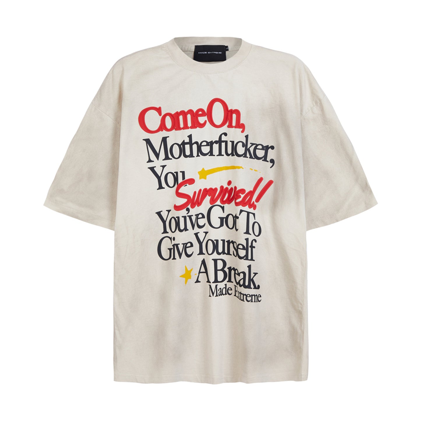 T-shirt rétro à manches courtes imprimé lettres, délavé et vieilli