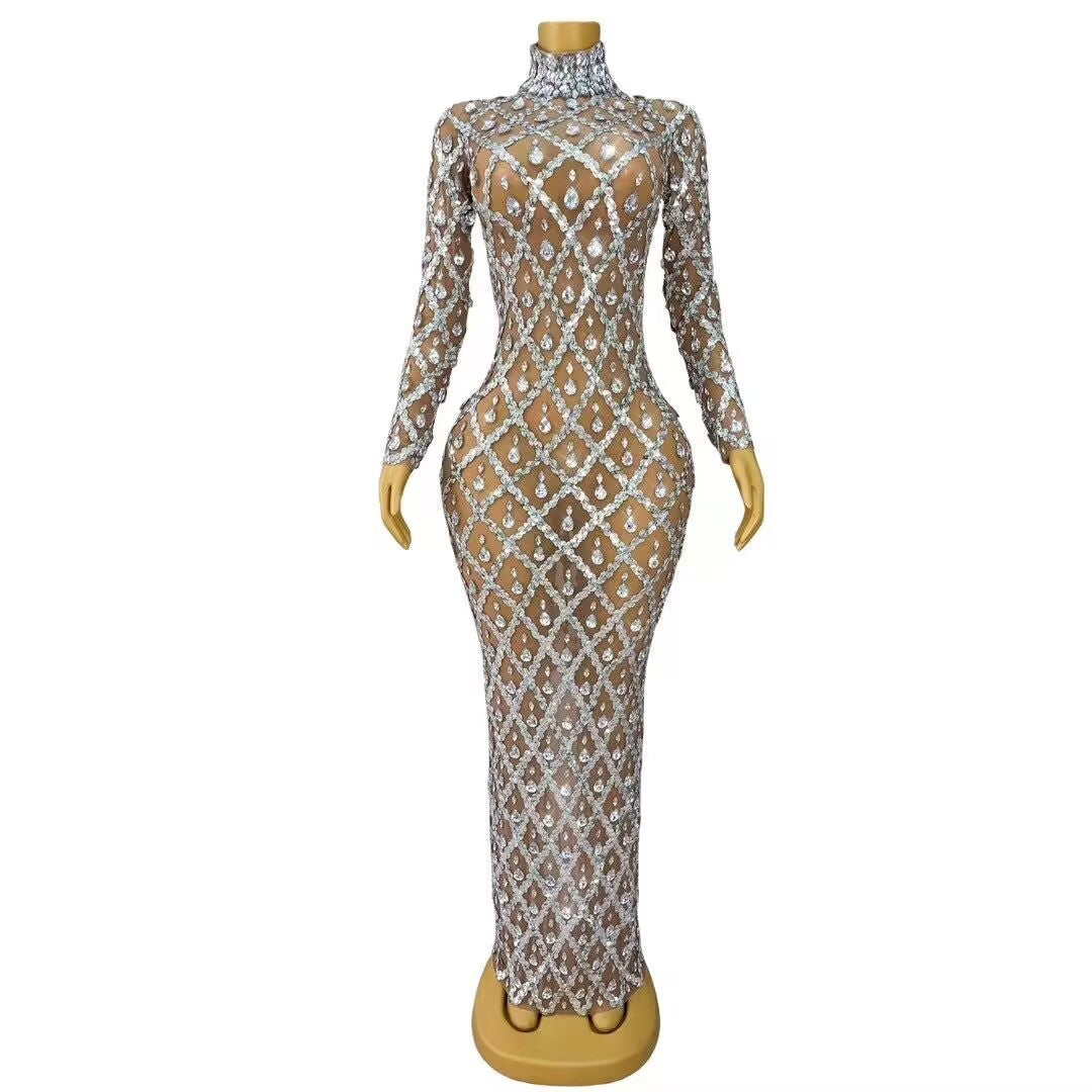 Luxury Beautiful Shining Rhinestone Sexy See-through Mesh Long Dress