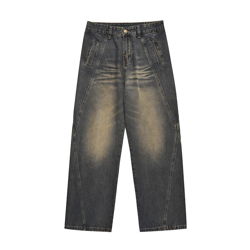 Washed Distressed Stitching Jeans Men's Straight Loose Wide-leg Pants