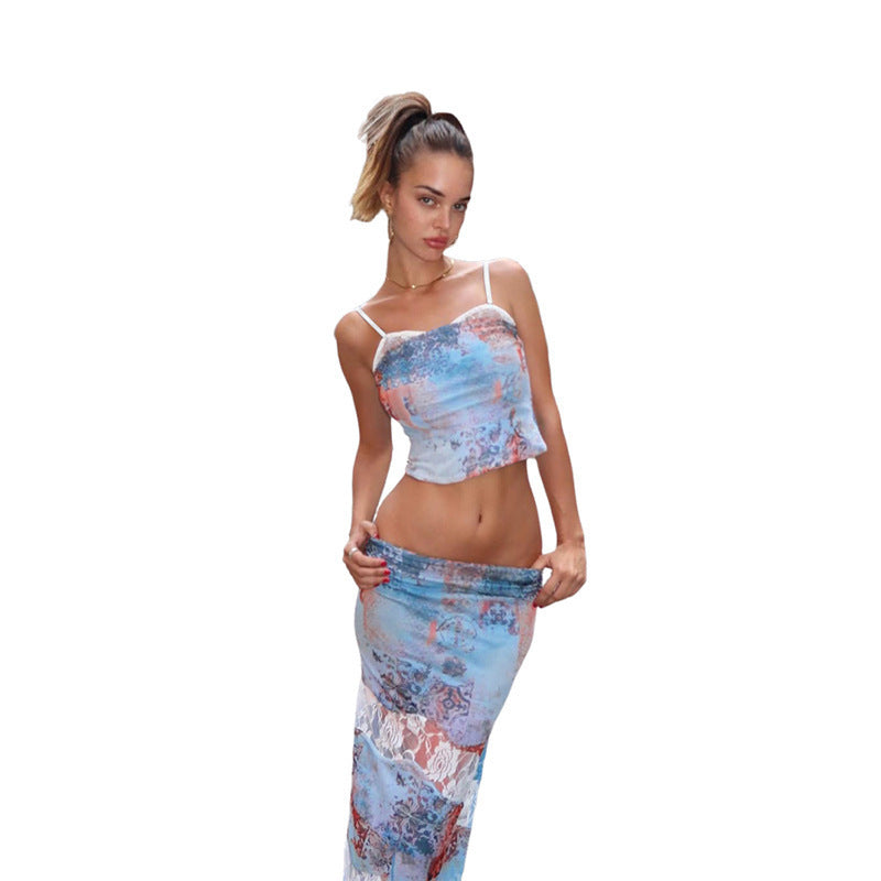 Jupe taille haute fendue en dentelle imprimée pour fille sexy