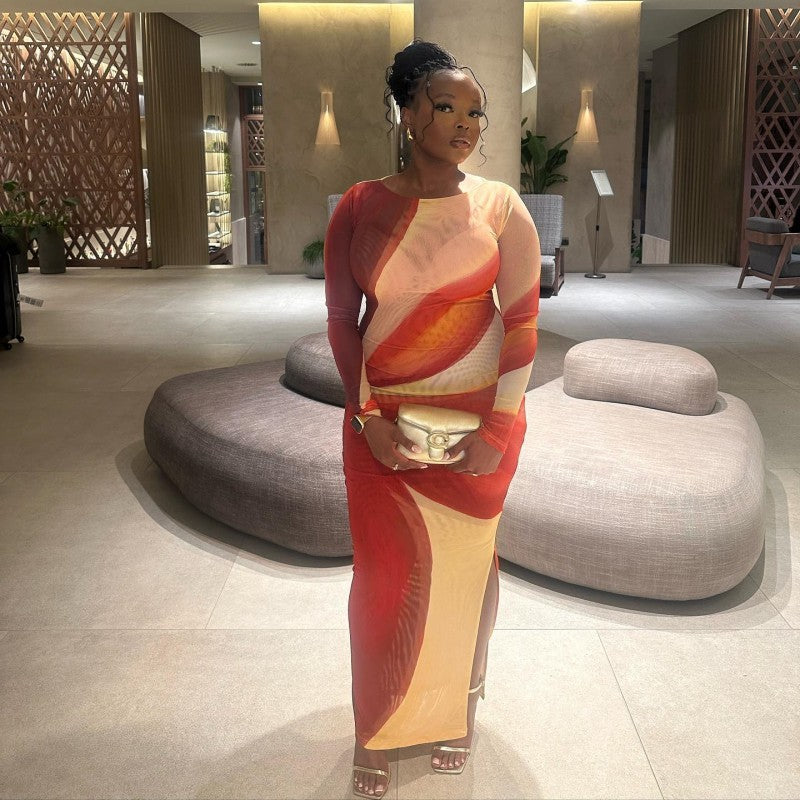 Robe longue ajustée à col rond et manches longues en maille à imprimé floral