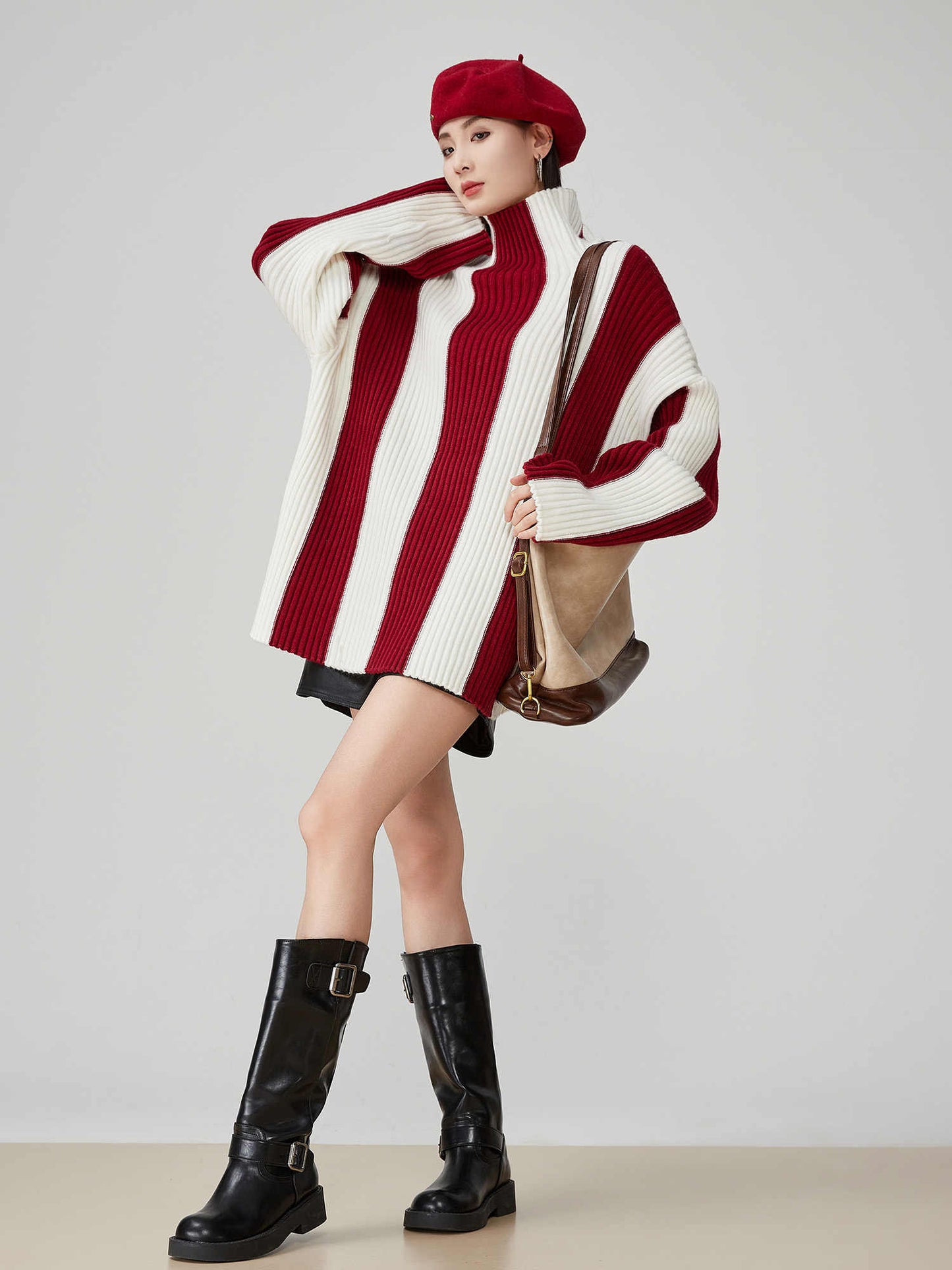 Contrast Color Pit Striped Turtleneck Sweater