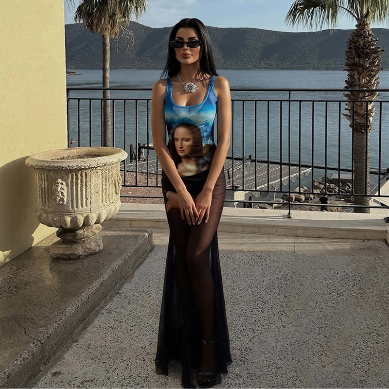 Robe ajustée en maille imprimée sans manches à col en U