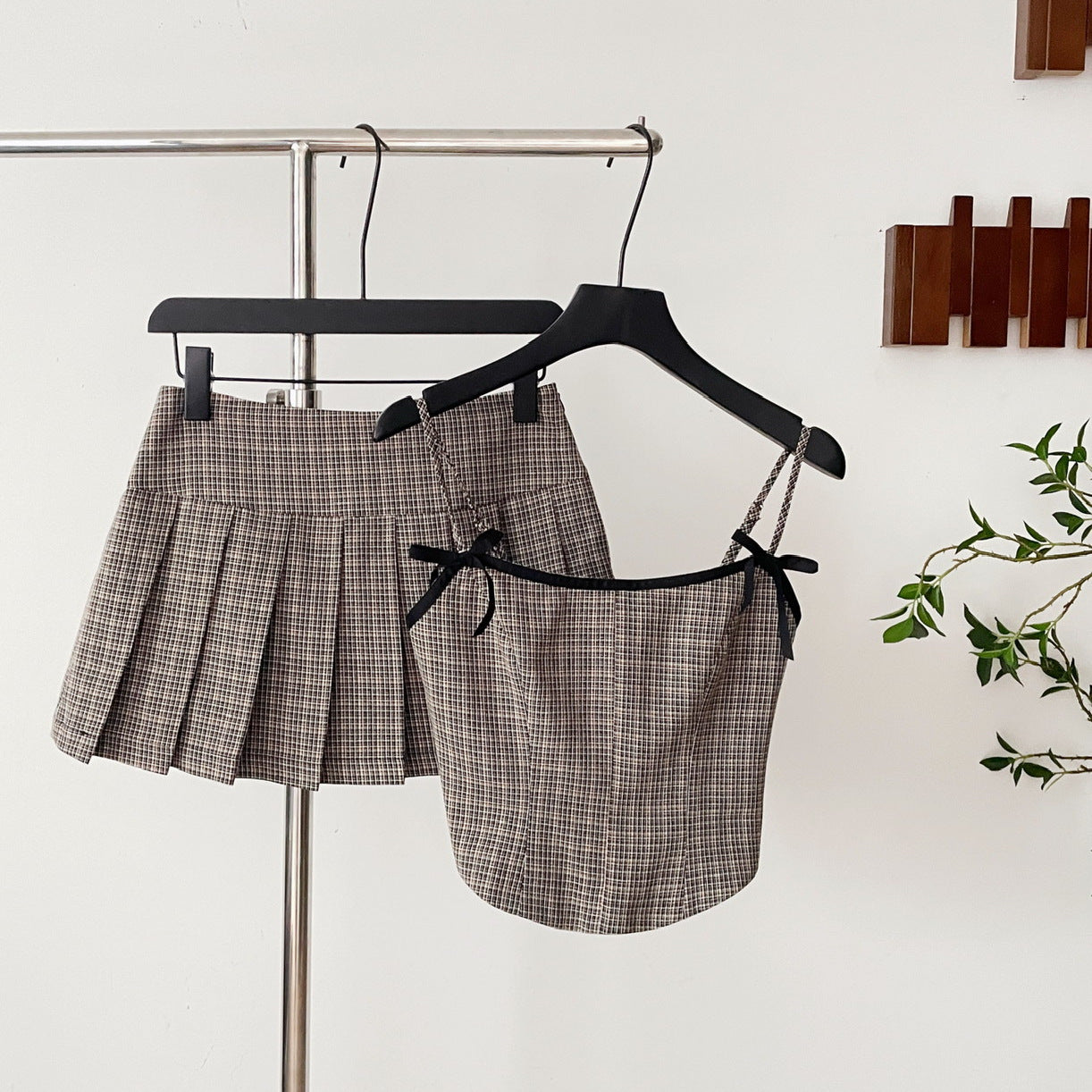 Bow Plaid Contrast Color Slim Fit Slip Dress Suit