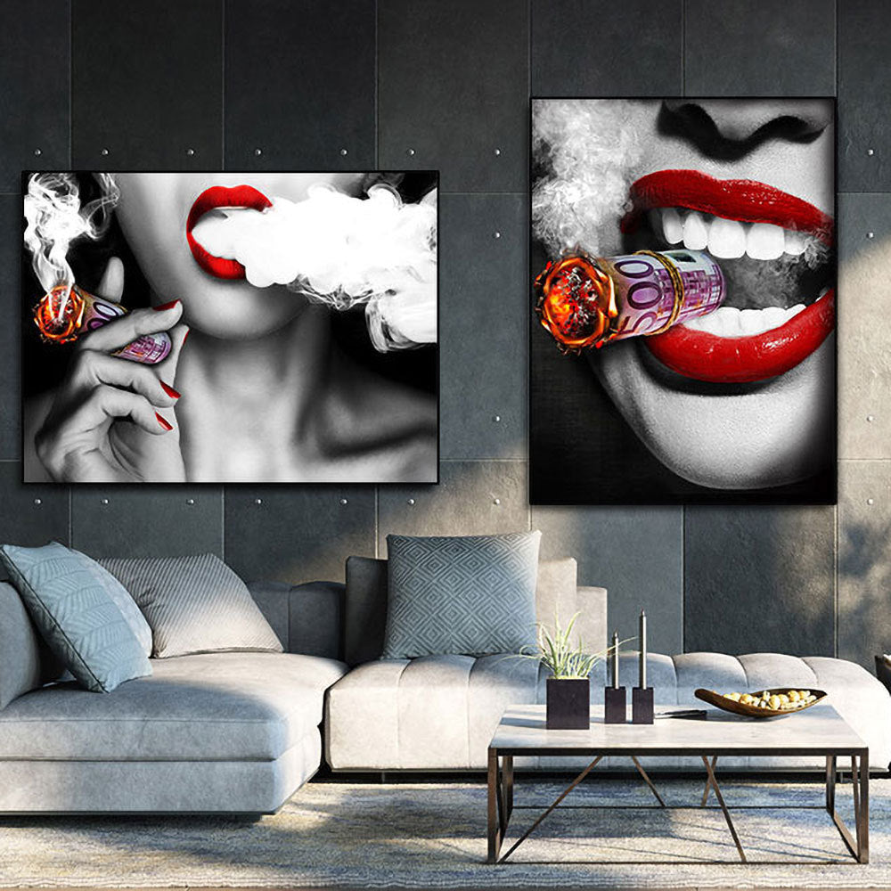 Wall Art Poster Red Lips Smoking Woman Clock Picture Canvas Painting