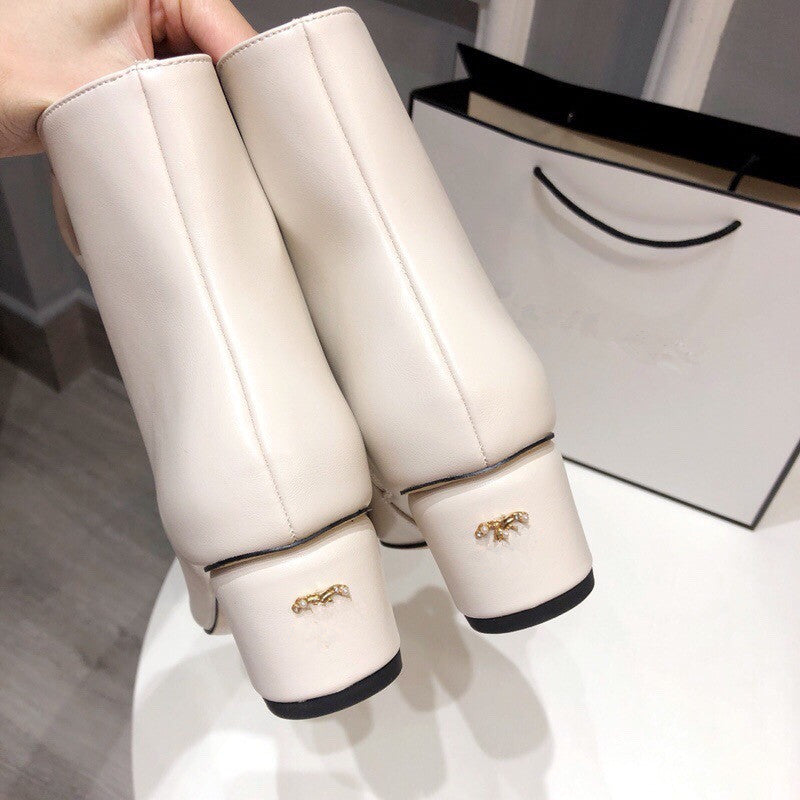 Thick Heel Pearl Bow Boots