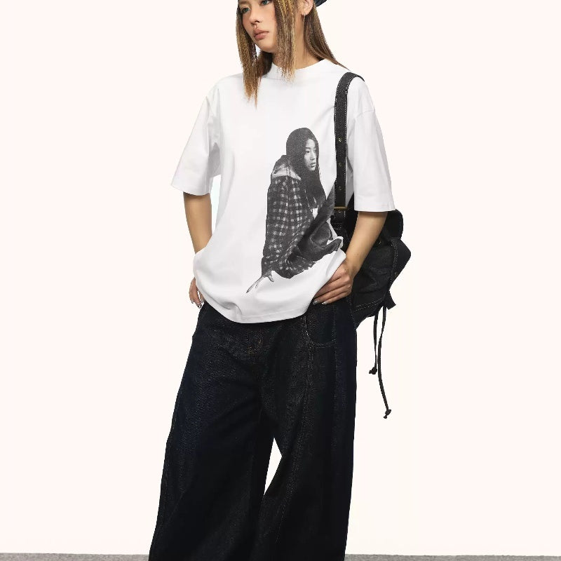 Retro Portrait Printing Short-sleeved T-shirt Women's Loose Casual