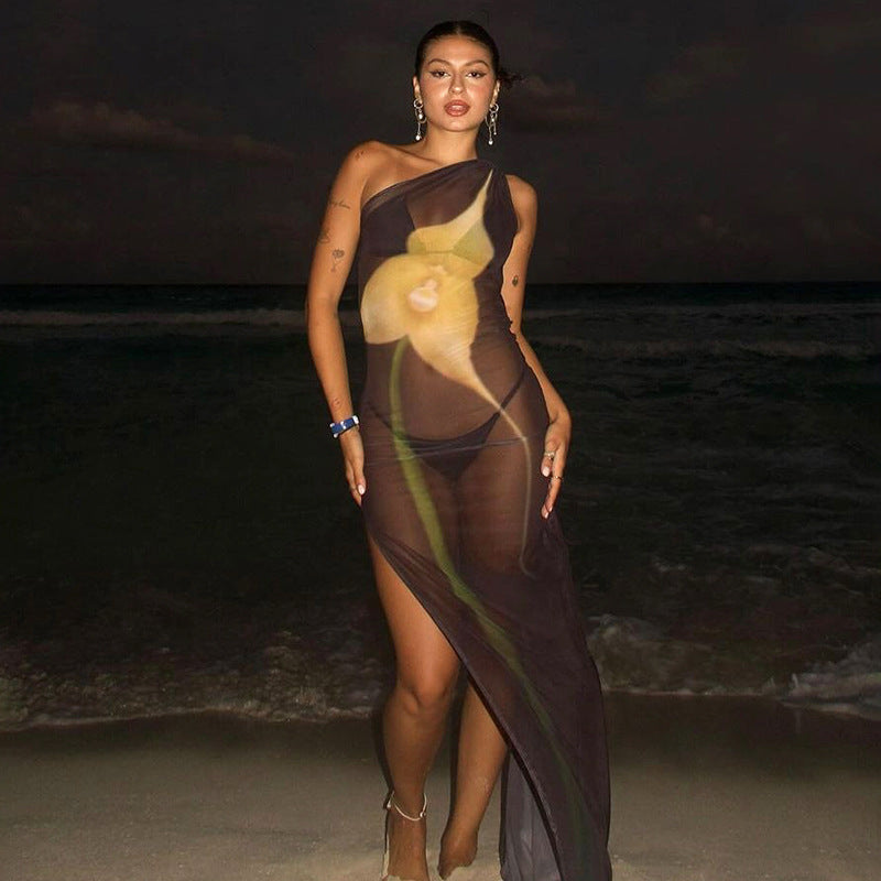 Fashion Personality Female Mesh Sexy Print Dress