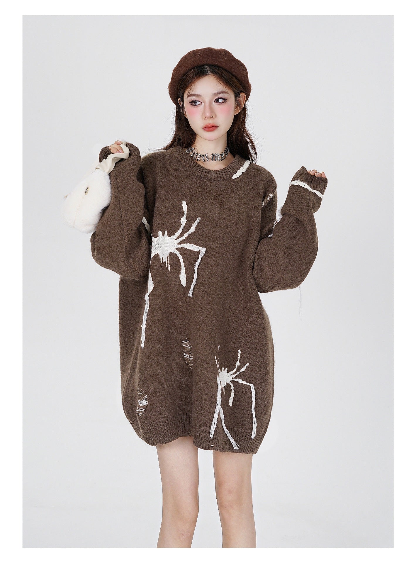 High Street Spider Jacquard Burr Contrast Color Rope Knitted Sweater