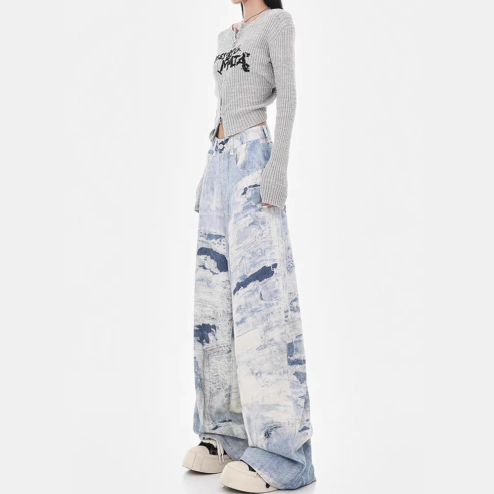 Autumn And Winter Washed Tie-dyed High Waist Slimming And Wide Leg Jeans