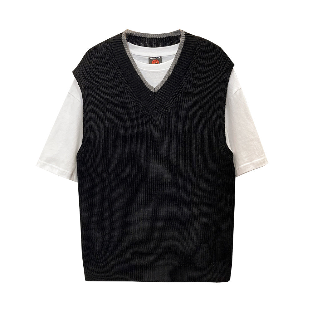 Knitted V-neck Vest Men's Korean Style Trend Sleeveless Vest Loose College Style Sweetheart Neck Vest