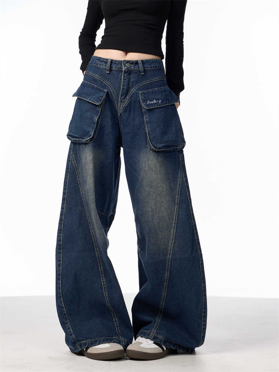 Wide-leg Jeans With Pockets High Waist Loose Trousers
