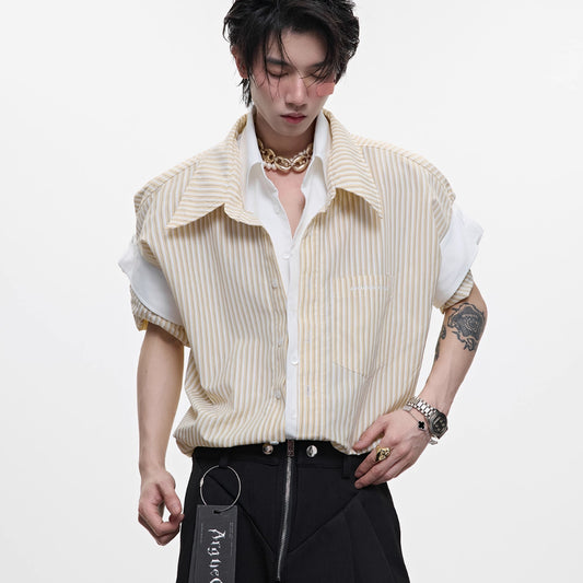 College Blue Striped Shirt Fake Two Pieces Short Sleeve Cardigan